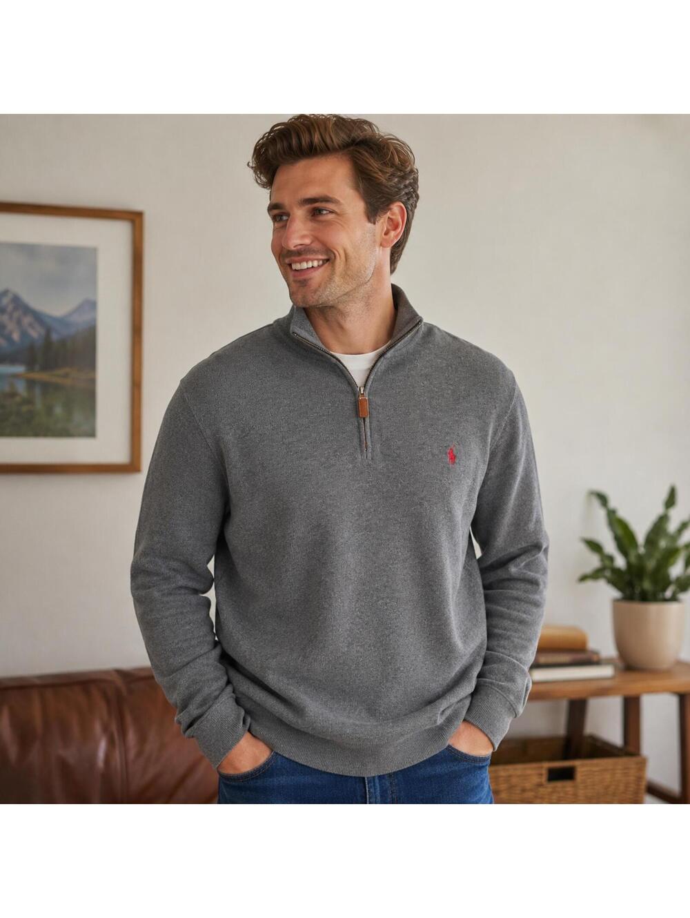 Polo Ralph Lauren Quarter Zip Sweater XL Gray Cotton Knit Pullover Pony Logo